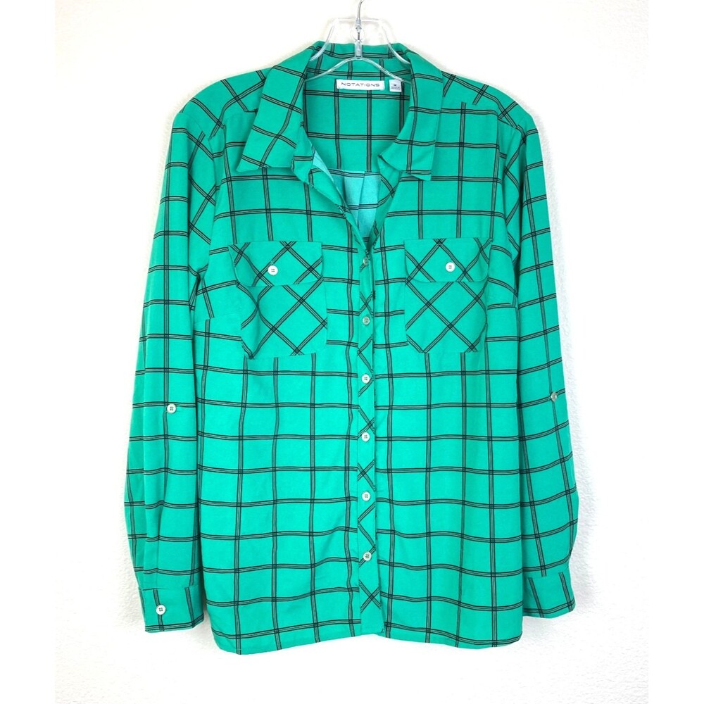 Notations Women's Button Up Blouse Size M Green Plaid Long Roll Tab Sleeve